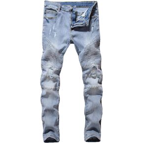 ZLZ Black Biker Jeans for Men Slim Fit, Men's Comfy Stretch Ripped Distressed Biker Jeans Pants Rock, Designer Jeans, Size 30