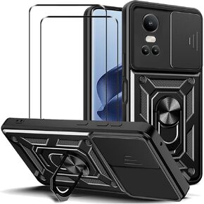 Case for Oppo Reno 10 5G / Reno 10 Pro 5G with Tempered Glass Screen Protector [2 Pack],Sliding Camera Window, Kickstand, Shock-Proof Anti-Scratch Dual-Layer Phone Cover, Black