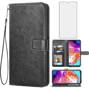 Asuwish Compatible with Samsung Galaxy A20s Wallet Case Tempered Glass Screen Protector and Flip Cover Card Holder Cell Accessories Phone Cases for Glaxay A 20s Plus Gaxaly A207M Women Men Black
