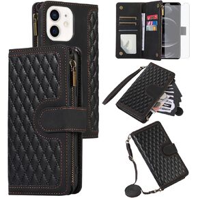 Asuwish Phone Case for iPhone 12 Pro iPhone12 6.1 Wallet Cover With Tempered Glass Screen Protector and Crossbody Wrist Strap Flip Zipper Credit Card Holder Cell iPhone12pro 5G i 12s 12pro Women Green