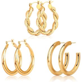 SIKEGI Gold Hoop Earrings Set for Women, 3 Pairs 18K Real Gold Plated Earrings Hypoallergenic Lightweight Open Twisted Huggie Earring Hoops for Christmas Gift