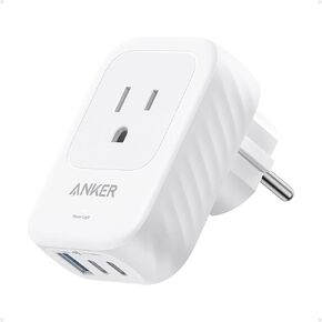 Anker European Travel Plug Adapter, 15W USB-C Power Plug, Fits Type E/F Sockets with 2 AC Outlets, 2 USB C & 1 USB A Port, Compact for iPhone 15, iPad, and More (Not Compatible with Type L/G Sockets)