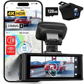 REDTIGER 4K HDR Dash Cam Front and Rear, STARVIS 2 Sensor, 5.8GHz WiFi APP, 3.18" Touchscreen, Voice Control, 128G Card Included, WDR, Dash Camera for Cars with GPS, 24H Parking Mode(F7N Elite)