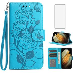Asuwish Phone Case for Samsung Galaxy S21 Ultra 5G with Tempered Glass Screen Protector Cover and Wrist Strap Card Holder Slot Stand Accessories Wallet S21ultra 21S S 21 21ultra G5 Women Men Blue