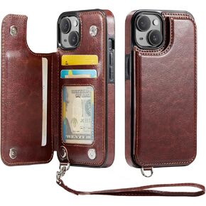 for iPhone 15 Wallet Case with Card Holder, Case for iPhone 15 with RFID Blocking, Kickstand Card Slots Case, Double Magnetic Clasp and Durable Shockproof Wrist Strap Cover (Brown)