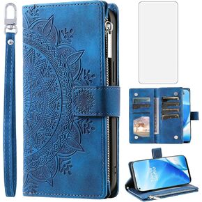 Phone Case for OnePlus Nord N200 5G Wallet Cover With Tempered Glass Screen Protector and Mandala Flower Flip Zipper Card Holder Cell One Plus N 200 G5 1 Plus 200N 1plus One+ 1+ N2005G 2021 Blue
