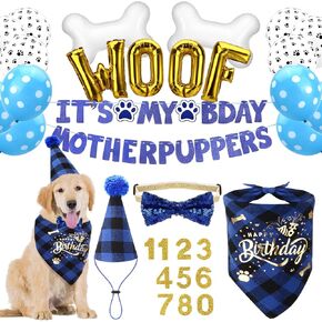 Dog Birthday Party Supplies, Boy Dog Birthday Bandana Set with Cute Dog Bowtie, Scarf, Birthday Banner, WOOF Balloons and Hat with Numbers for Medium and Extra Large Dogs Pets(Blue)
