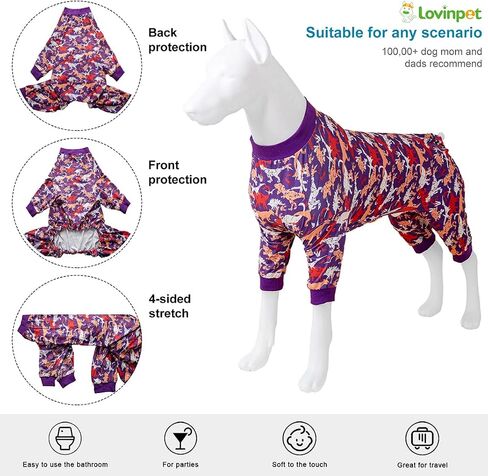 ملابس الكلاب الكبيرة من LovinPet لحيوانات البيتبول - ملابس الكلاب الكبيرة، قماش خفيف الوزن قابل للتمدد، طباعة ديناصور مموه باللونين الأرجواني والبرتقالي، قميص لتخفيف قلق الحيوانات الأليفة، ملابس داخلية للكلاب الكبيرة سهلة الارتداء للحفلات، أرجواني مقاس XL in Kuwait