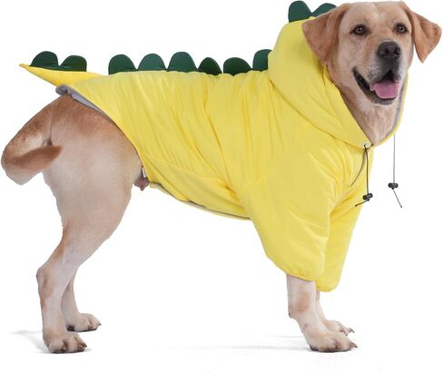 LovinPet Dog Warm Coat with Hood – Medium & Large Dinosaur Hoodie Winter Jacket for Cold Weather, Yellow & Green Coat for Large Dogs, XXXL in Kuwait