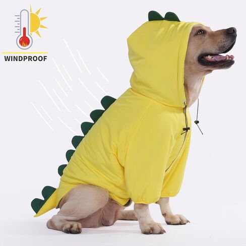 LovinPet Dog Warm Coat with Hood – Medium & Large Dinosaur Hoodie Winter Jacket for Cold Weather, Yellow & Green Coat for Large Dogs, XXXL in Kuwait
