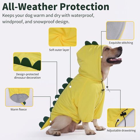 LovinPet Dog Warm Coat with Hood – Medium & Large Dinosaur Hoodie Winter Jacket for Cold Weather, Yellow & Green Coat for Large Dogs, XXXL in Kuwait