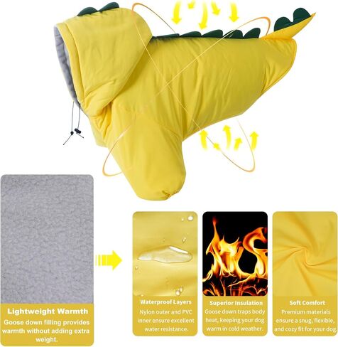 LovinPet Dog Warm Coat with Hood – Medium & Large Dinosaur Hoodie Winter Jacket for Cold Weather, Yellow & Green Coat for Large Dogs, XXXL in Kuwait
