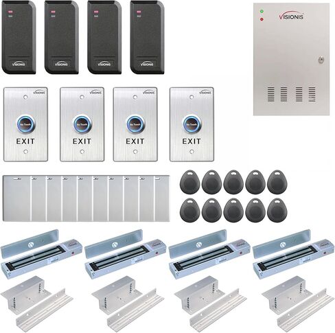 Visionis FPC-6206 التحكم في الوصول بأربعة أبواب TCP/IP Wiegand لصندوق التحكم MagLock الكهربائي المتأرجح بوزن 600 رطل + قارئ بطاقات أسود داخلي/خارجي + برنامج مضمن + 20,000 مستخدم in Kuwait