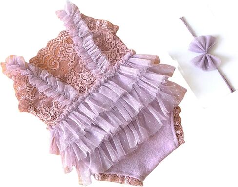 Zeroest Newborn Baby Girl Photography Props Stretch Romper with Lace Trim & Headband,Newborn Outfit for Photoshot in Saudi Arabia