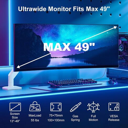 Heavy Duty Ultrawide Monitor Arm for 49 inch Screens up to 50 lbs, Premium Desk Mount Monitor Stand Designed for Samsung Odyssey G9 and More, Max VESA 100x100, White in Saudi Arabia