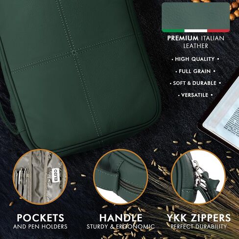 ELIZO Bible Cover Soft Full Grain Italian Leather Bible Case Men Women Zipper Bible Bag Church Bag Cowhide Book Holder Carrying Case Religious Gifts, Brown in Kuwait