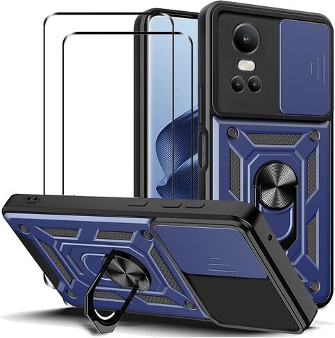 Case for Oppo Reno 10 5G / Reno 10 Pro 5G with Tempered Glass Screen Protector [2 Pack],Sliding Camera Window, Kickstand, Shock-Proof Anti-Scratch Dual-Layer Phone Cover, Black in Saudi Arabia