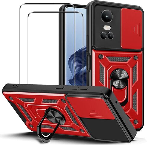 Case for Oppo Reno 10 5G / Reno 10 Pro 5G with Tempered Glass Screen Protector [2 Pack],Sliding Camera Window, Kickstand, Shock-Proof Anti-Scratch Dual-Layer Phone Cover, Black in Saudi Arabia