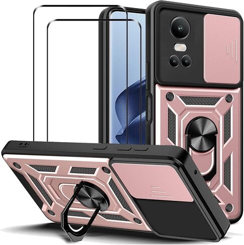 Case for Oppo Reno 10 5G / Reno 10 Pro 5G with Tempered Glass Screen Protector [2 Pack],Sliding Camera Window, Kickstand, Shock-Proof Anti-Scratch Dual-Layer Phone Cover, Black in Saudi Arabia