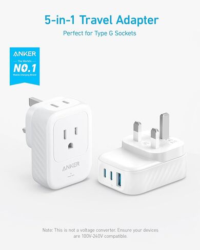 Anker European Travel Plug Adapter, 15W USB-C Power Plug, Fits Type E/F Sockets with 2 AC Outlets, 2 USB C & 1 USB A Port, Compact for iPhone 15, iPad, and More (Not Compatible with Type L/G Sockets) in Saudi Arabia