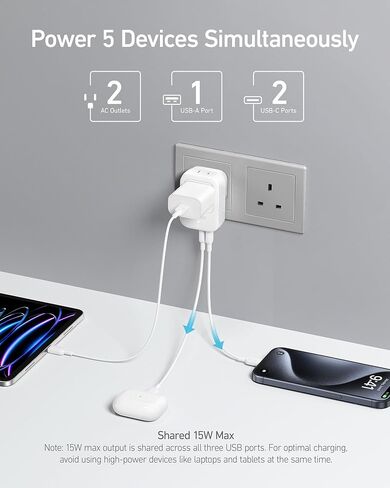 Anker European Travel Plug Adapter, 15W USB-C Power Plug, Fits Type E/F Sockets with 2 AC Outlets, 2 USB C & 1 USB A Port, Compact for iPhone 15, iPad, and More (Not Compatible with Type L/G Sockets) in Saudi Arabia