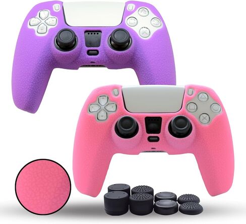 مقابض متوافقة مع غلاف وحدة تحكم PS5، مقابض سيليكون لوحدة تحكم PlayStation 5 غطاء حماية مضاد للانزلاق لجهاز تحكم PS5 - حزمة 2 مع 8 قطع من مقابض الإبهام الاحترافية - وردي أرجواني in Kuwait