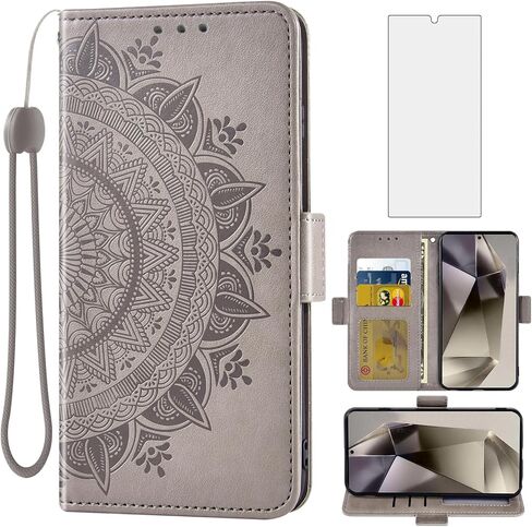 Asuwish Phone Case for Samsung Galaxy S24 Ultra 5G Wallet Cover Tempered Glass Screen Protector Credit Card Holder Flip Purse Wrist Strap Stand Cell Accessories S24Ultra 24S S 24 24Ultra Women Gray in Saudi Arabia