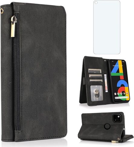 Asuwish Compatible with Google Pixel 4a 4G Wallet Case Tempered Glass Screen Protector and Zipper Leather Flip Cover Card Holder Stand Cell Accessories for Pixel4a Pixle a4 5.8 2020 Women Men Brown in Saudi Arabia