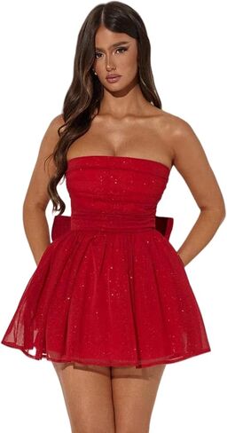 AIBEARTY Women's Sexy Glitter Off Shoulder Mini Dress Shiny Strapless Pleated A Line Dress for Party Club in Kuwait