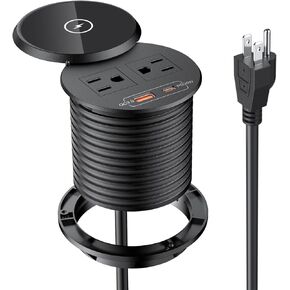 PD 20W USB C Desk Power Grommet with 15W Wireless Charger Cover, Recessed Power Strip with 18W USB A and 2 AC Outlets,Hidden Power Outlets with 6FT Cords for Office, Home, Conference(White)