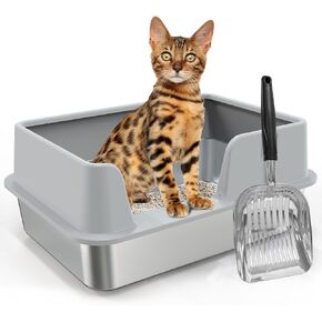 Stainless Steel Litter Box, Enclosed Cat Litter Box with Cat Litter Scoop Kitten Litter Box with High Sides Easy to Clean Non-Stick Anti-Urine Leakage Cat Boxes for Indoor Cats (Side Pedal)