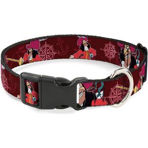 Buckle-Down Plastic Clip Collar - Captain Hook Poses/Nautical Elements Burgundy - 1" Wide - Fits 15-26" Neck - Large