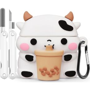 Cute Case for AirPods 4 Case Cover 2024 with Cleaner Kit,Funny 3D Cartoon Animal AirPods 4th Generation Case,Soft Silicone Kawaii Boba Tea Cow AirPods 4 Gen with Keychain for Women Girls Boys Kids