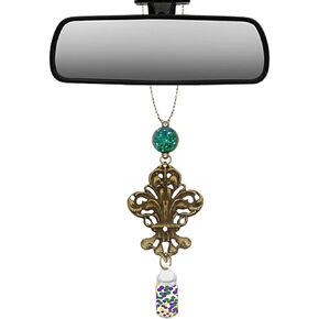 Handmade Original Design Fleur-de-Lis Car Charm Rear View Mirror Decor. Made in The USA (Fleur-de-Lis Car Charm with Green Glitter Charm and Wish Bottle)