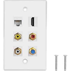 MEIRIYFA HDMI RCA 6 Port Keystone Wall Plate HDMI Coax CAT6 Ethernet RCA Ethernet Wall Outlet Plate Panel 3 RCA +1 Cat6+1 Coax Cable TV F Type Port+1 HDMI Female to Female Insert Wall Plates -White