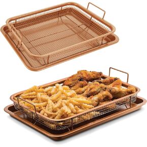 4 Piece Set Air Fryer Basket for Oven 12.8 x 9.6 Inch Bronze Air Fryer Accessories Oven Rack and Crisper Tray, Non-Stick Air Fryer Pans Crisper Tray for Oven for French Fried/Frozen Food