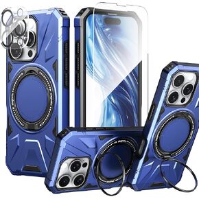 for iPhone 16 Pro Max Case with Screen Protector+Ring Holder Stand+Camera Lens Protector,Compatible with Magsafe,Dual Layer Protective Sturdy Magnetic Heavy Duty Protection PC Cover,Navy Blue