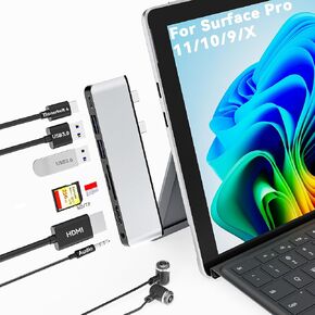 Surface Pro 11 USB C Adapter, Surface Pro 9 Hub Docking Station with 4K HDMI, USB-C Thunerbolt 4 (8K Video+Data+100W PD), 2*USB 3.0, 3.5mm Audio, SD/TF, USB C Hub for Surface Pro 11 Copilot/10/9/X
