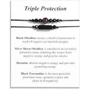 Protection Bracelet For Women, Amethyst Rose Quartz Crystal Beaded Bracelet Black Tourmaline Tiger Eye Beaded Bracelet Healing Dainty Adjustable Bracelet Jewelry Gift