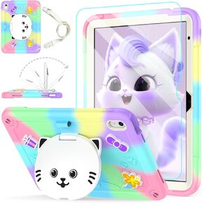 Case for iPad 10th Generation 10.9 Inch 2022 with Tempered Glass Screen Protector,Cat Stand & Pencil Holder Shoulder Strap,Shockproof Protective for iPad Case 10th Gen Kids Girls (Colourful)