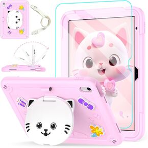 Case for iPad 10th Generation 10.9 Inch 2022 with Tempered Glass Screen Protector,Cat Stand & Pencil Holder Shoulder Strap,Shockproof Protective for iPad Case 10th Gen Kids Girls (Colourful)