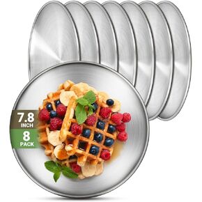8 Stainless Steel Plates, 7.8 inch 304(18/8) Metal Camping Plate, Reusable Food Serving Dish Snack Eating Dishes Round Shatterproof Plate Silver Dinnerware for BBQ Dinner Oven Dishwasher Safe