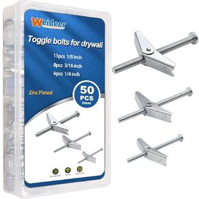 weideer 24 Pcs Wall Anchor Toggle Bolts for Drywall 1/8in 3/16in 1/4in Heavy Duty Metal Drywall Anchors and Screws Assortment Set Toggle Bolts and Wing Nut Kit