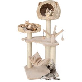 Tangkula Modern Cat Tree Tower, Multi-Level Tall Activity Center with Natural Sisal Scratching Posts, Hammock, Hand-Made Cattail Cute Condo with Funny Toy Balls