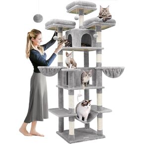 F80 Big Cat Tower for Indoor Cats, 80inch Cat Tower for Multiple Adult Cats XXL Cat Tree with Scratching Post, Hammock, 3 Perches, 2 Condos, 2 Hanging Basket, Light Grey