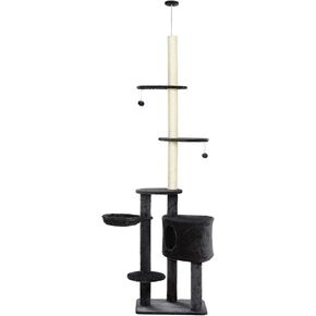 PawHut Adjustable Height Floor-to-Ceiling Vertical Cat Tree with Carpet Platforms, Condo & Rope Scratching Areas, Dark Grey