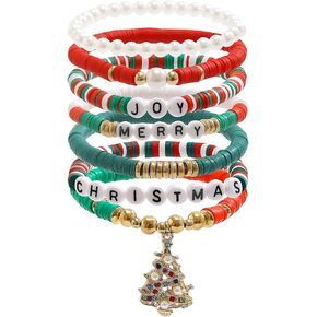 Pingyongchang Xmas Bracelets Set for Women Teen Girls Polymer Clay Bead Stackable Stretch Bracelets as Party Gifts Heishi Surfer Holidays Christmas Charms Friendship Jewelry