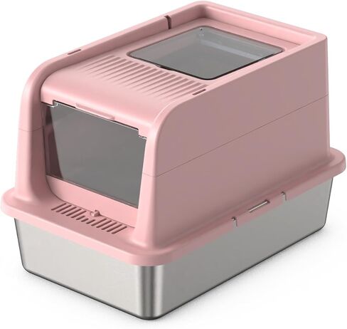 COURPAL® Stainless Steel Cat Litter Box with Lid: Enclosed Open Adjustable Covered Litter Box - Top Front 2-Door Hooded Litter Box with High Enclosure: Easy Clean | Non-Stick | Mess Proof (Pink) in Saudi Arabia
