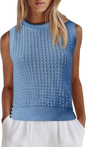 Saodimallsu Womens Summer Sleeveless Tank Tops Casual Crewneck Crochet Knit Color Block Side Split Loose Shirts in Saudi Arabia