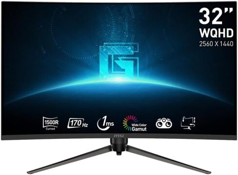 MSI G32CQ5P، شاشة ألعاب مقاس 32 بوصة، شاشة ألعاب منحنية 2560 × 1440 (QHD)، 1 مللي ثانية، 170 هرتز، FreeSync Premium، 1500R، HDMI، DisplayPort، إمالة، دوران، محوري وارتفاع قابل للتعديل. in Saudi Arabia
